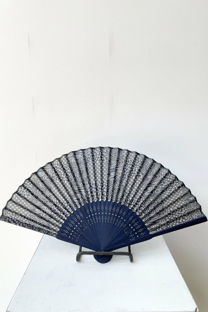 Garden Accessories |   Silk Fan Blue Swirl Pattern With Blue Bamboo Garden Garden Accessories