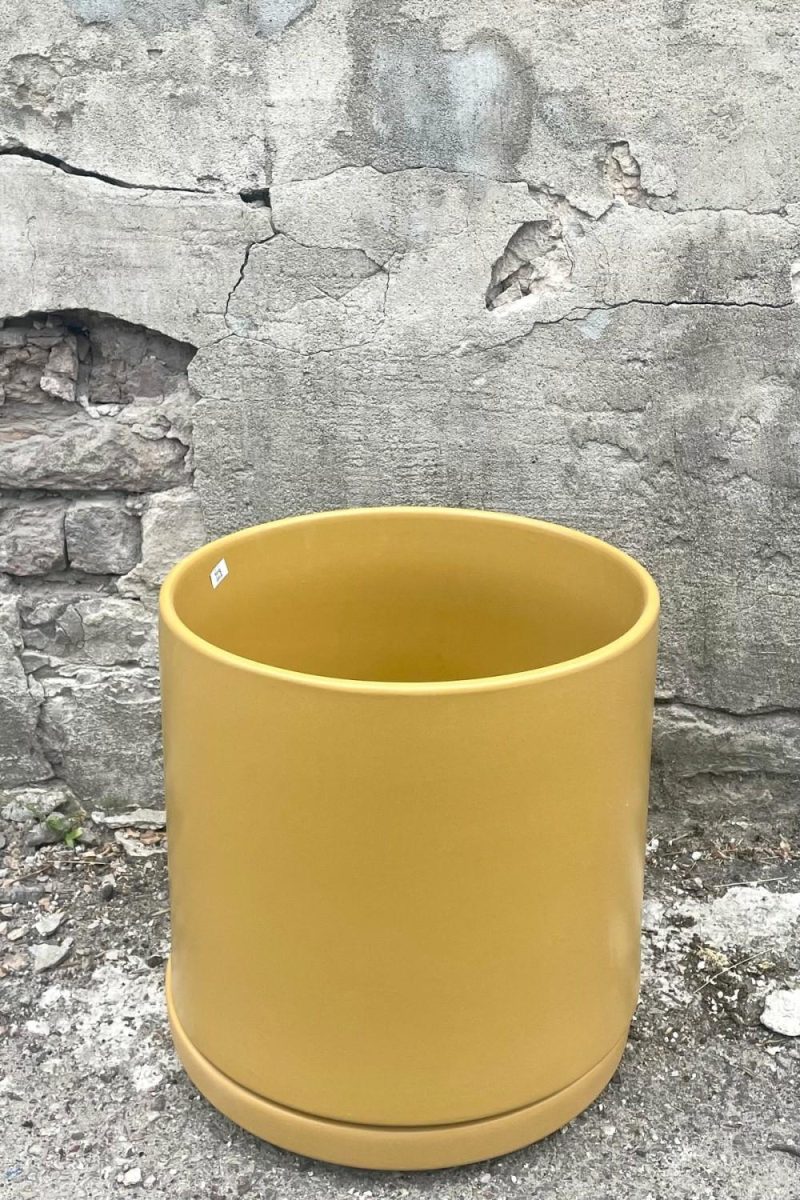 Planters |   Solid Cylinder & Saucer Mustard 12” Garden Planters