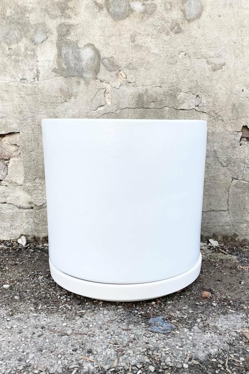 Planters |   Solid Cylinder & Saucer White 15″ Garden Planters