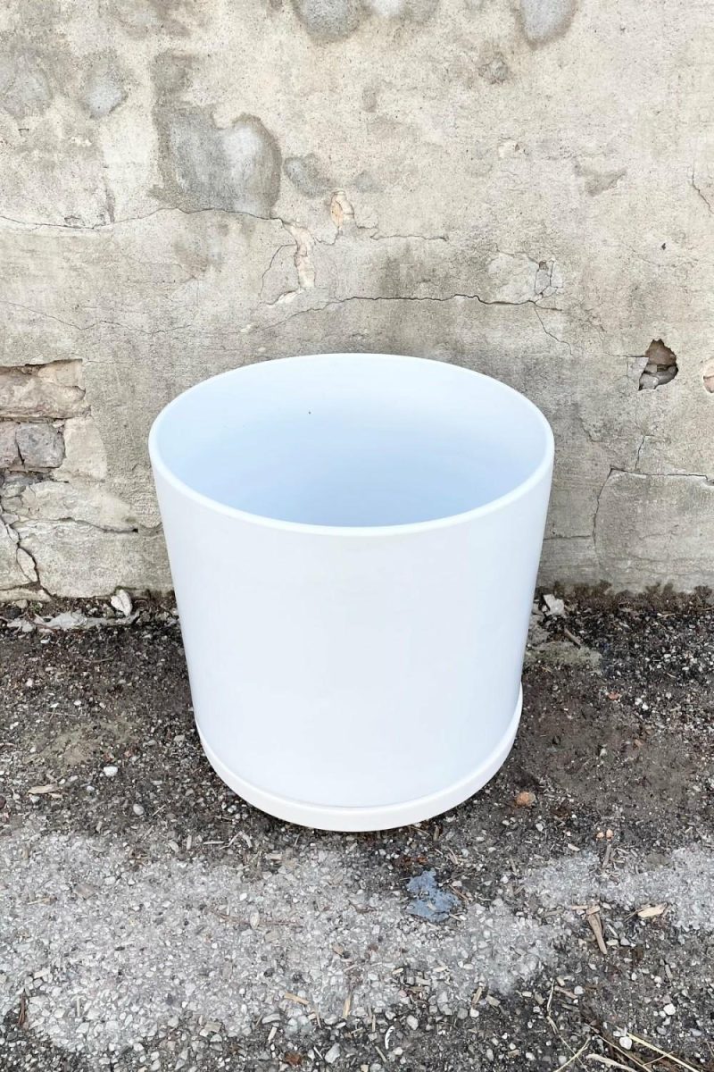 Planters |   Solid Cylinder & Saucer White 15″ Garden Planters